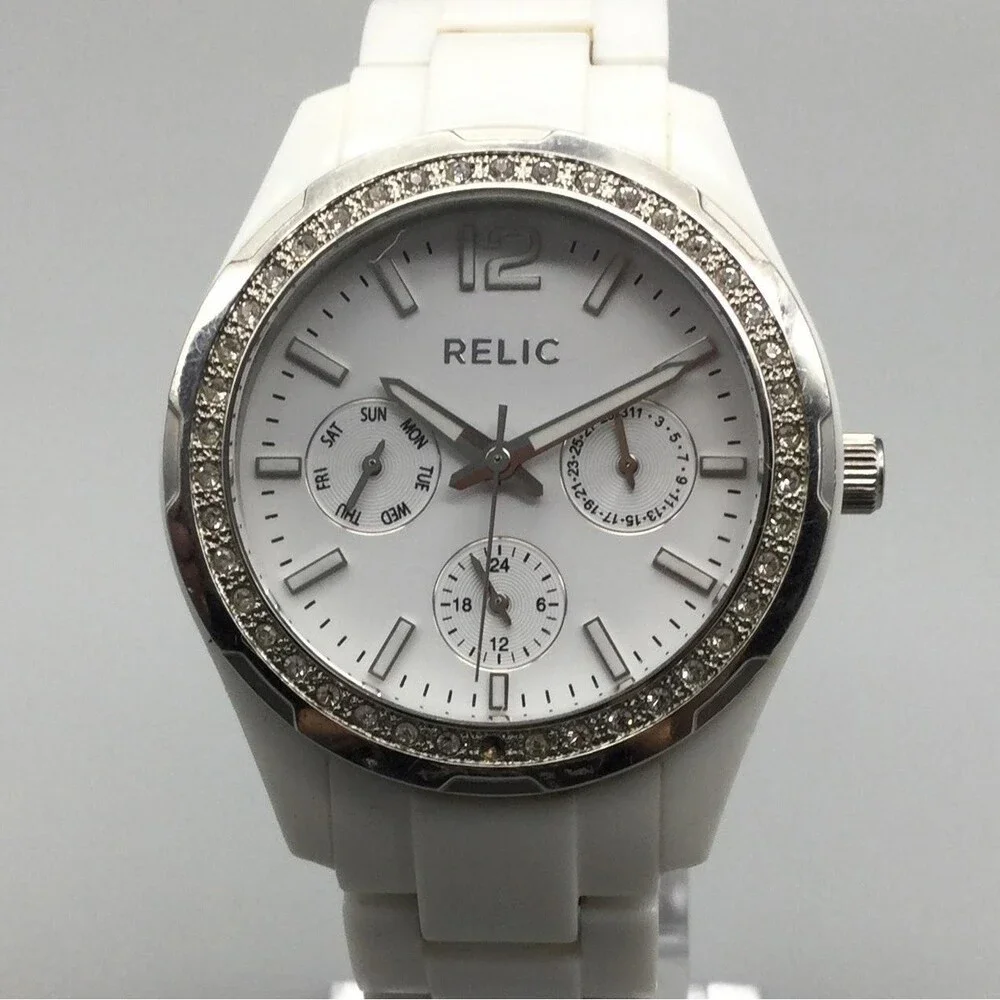 Relic Womens Watch 37mm White Dial Crystals Day Date ZR5551 New Battery 7
